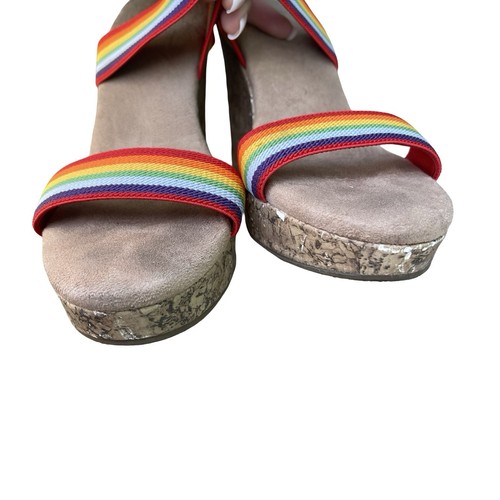 Vtg Y2K Merona Rainbow Cork Wedges Sz 7 Comfy Heels Strappy Elastic Retro Pride - Picture 3 of 6