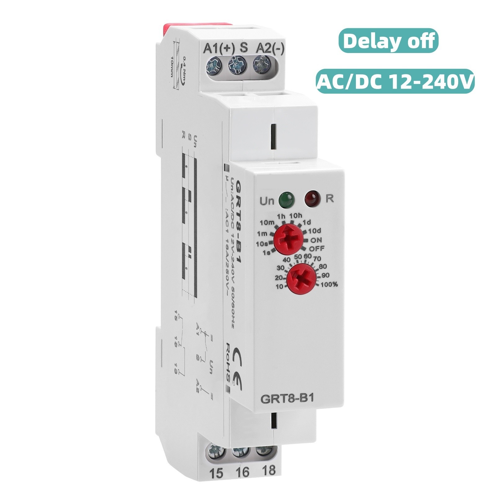 1SPDT AC/DC 12-240V 16A Delay Off Timer Relay Din Rail Time Delay Relay