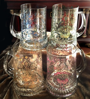 Vintage Nachtmann Bavaria Hand-Enameled Glass Beer Mugs Steins, Set of 4