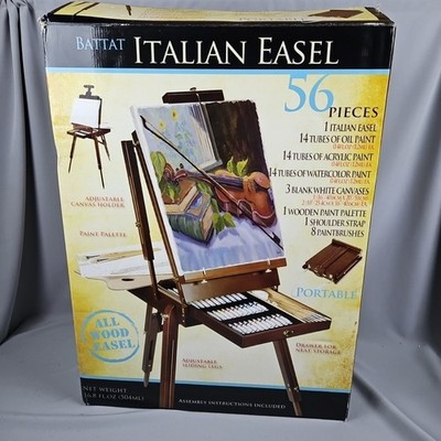 Battat Italian Easel Portable 56 Piece Set Brushes Paint Canvas Palette-Open Box