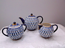 Vintage Lomonosov Russia 22k gold Cobalt Net Tea Pot, Sugar and Creamer Set