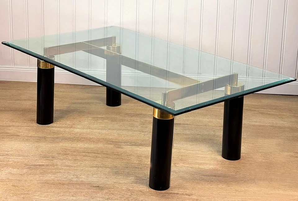 Vintage Art Deco Column Black Lucite & Brass Rectangular Coffee Table - Image 3 of 4