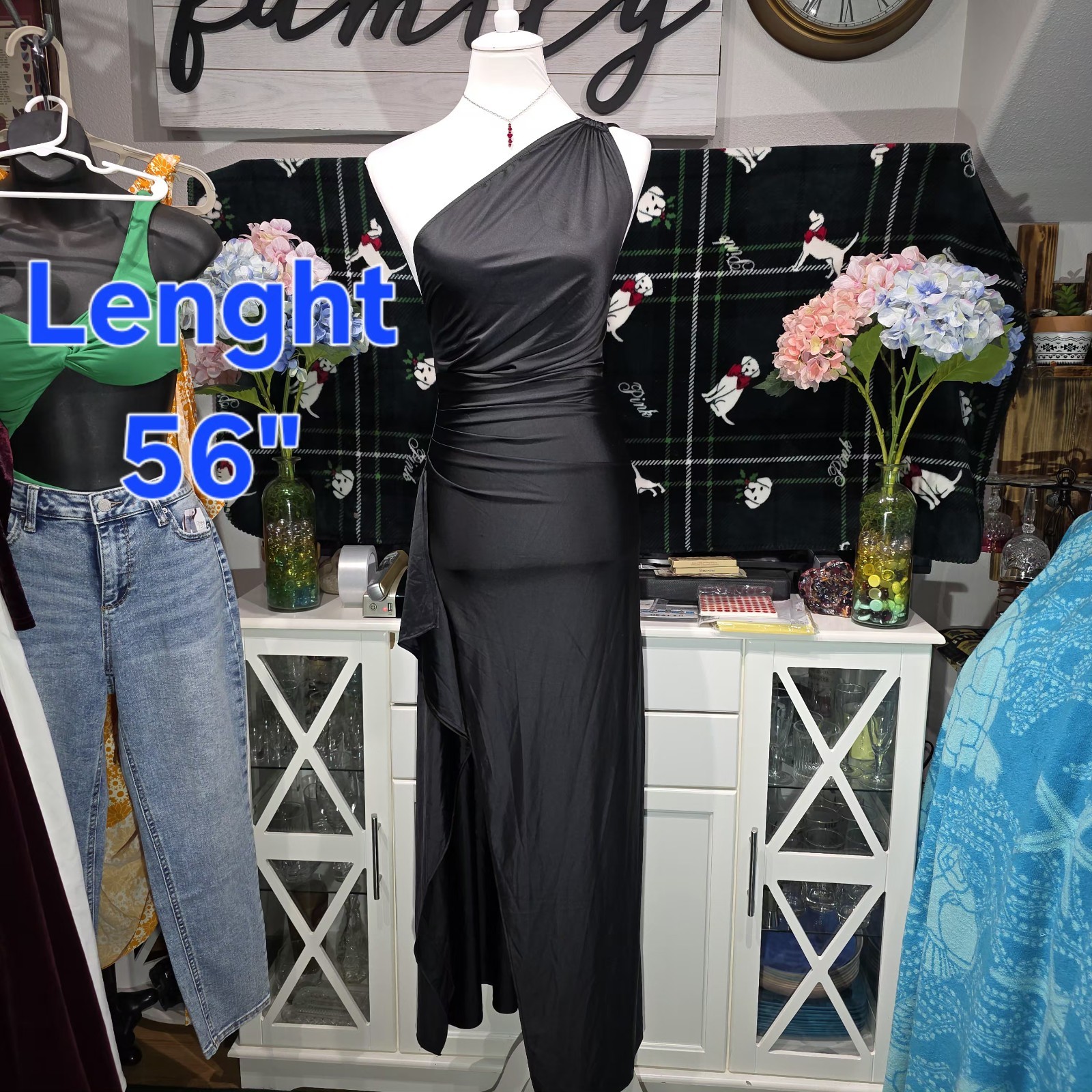 OYS Asymmetric One Shoulder Formal Dress Black Ruched High Slit Maxi Gown NWOT