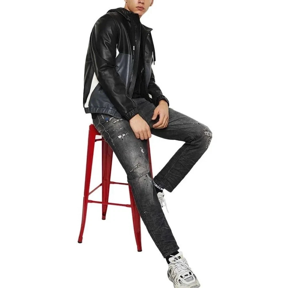 RRP £590 NWT Diesel L Carr Black Grey Colour-Block Hooded Sheepskin Leather M image 3