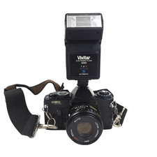 Vtg Sears KSX SUPER 35mm SLR Camera w 50mm Lens, Vivitar Flash 2000 SEE VIDEO