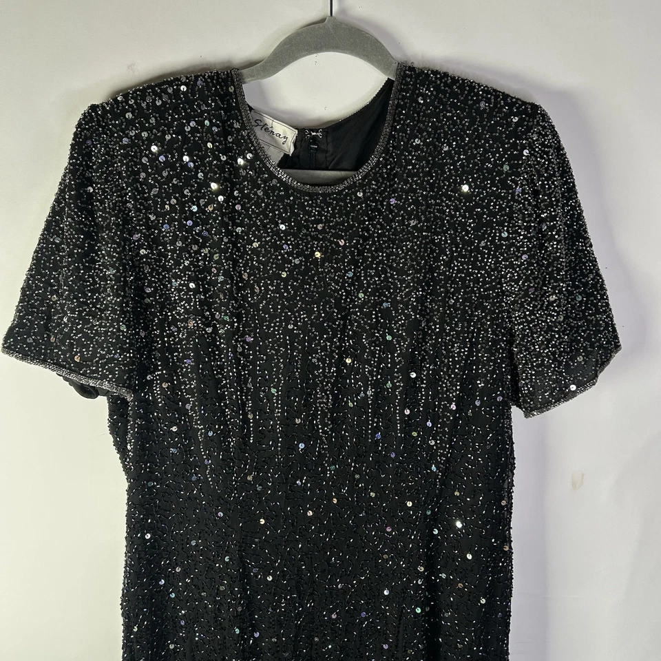 Stenay Formal Gown Black A Line Silk Silver Sequin Bead Short Sleeve Zip Sz 16 - Image 3 of 4