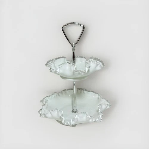 Vintage Fenton Milk Glass 2 Tiered Tray Ruffled Silver Crest Romantic Cottage