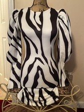 Fashion Nova Black White Zebra Print Puff Sleeve Mini Bodycon Dress Size XS