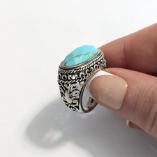 Turquoise Sterling Silver Ornate Ring, Stone Filigree Band Size 6 CFJ Hallmark