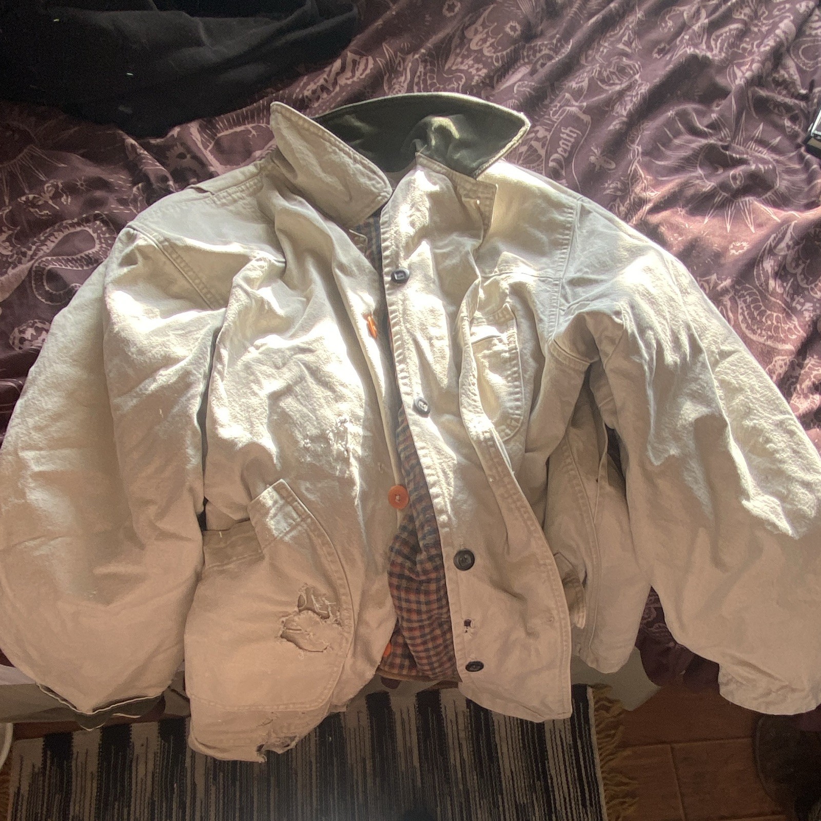 L.L.Bean Men's Beige Lined Jacket Stand-Up Collar Button Front Pockets L