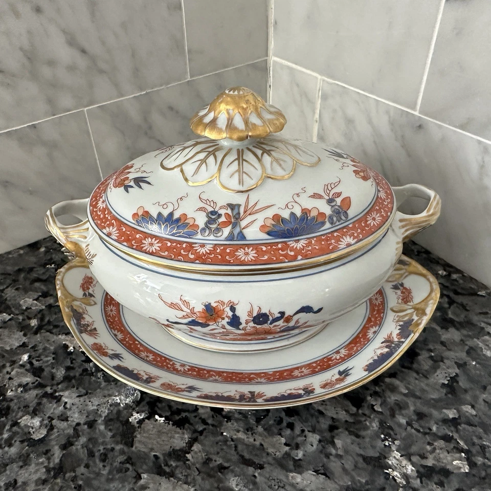 Plato de barco de salsa de salsa con tapa cubierta de porcelana Vista Alegre Imari con placa base Foto 2 de 4