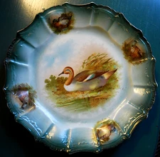 Antique PAINTED PORCELAIN DUCK/WATERFOWL c1880s Cabinet Plate 8.75" Gilded Rim