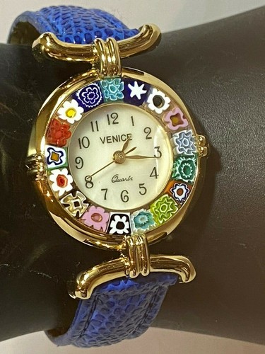 Watches of Venice Murano Glass Millefiori Women's Watch Blue Leather Band