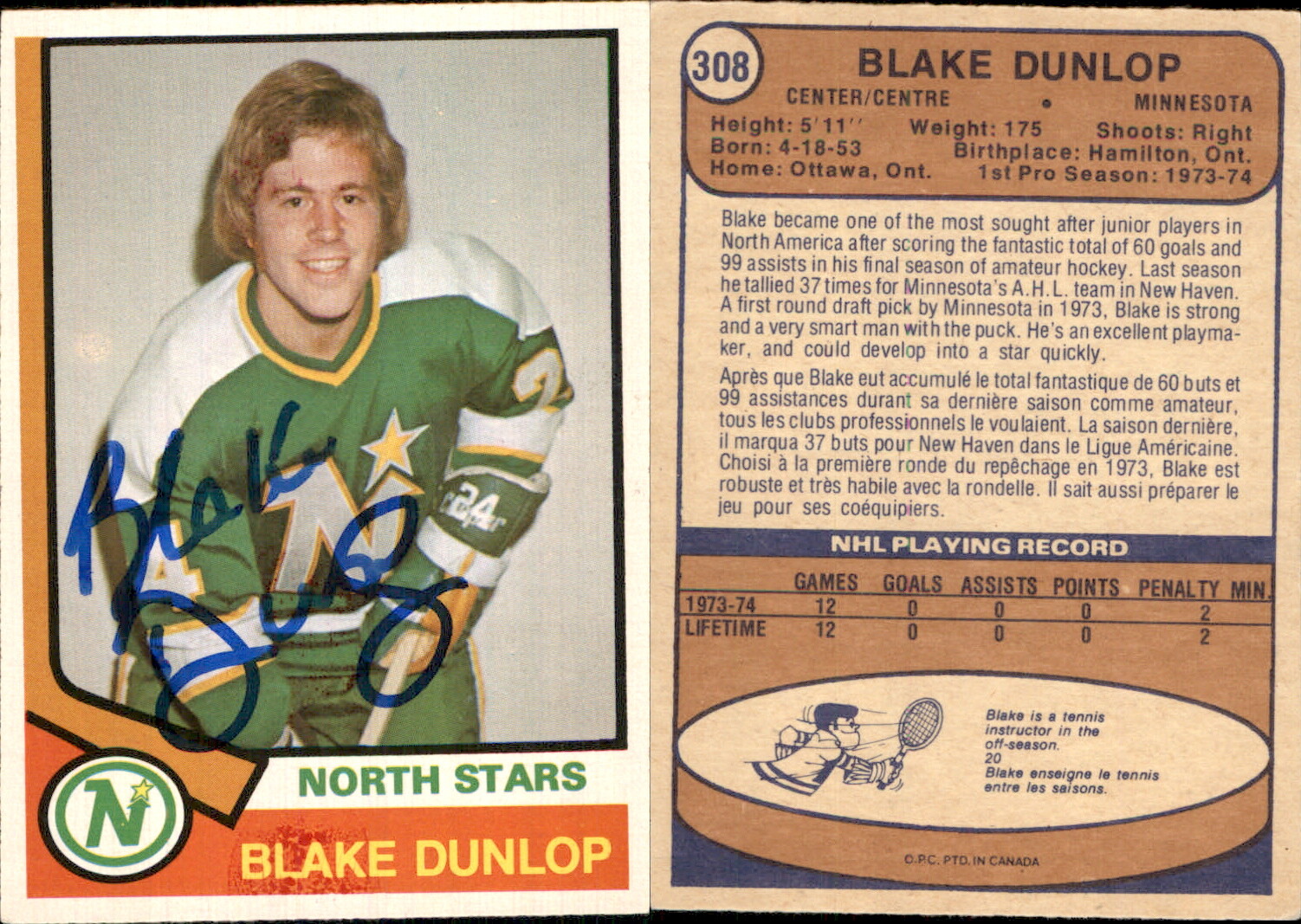 Blake Dunlop Signed 1974-75 O-Pee-Chee #308 Card Minnesota North Stars Auto AU