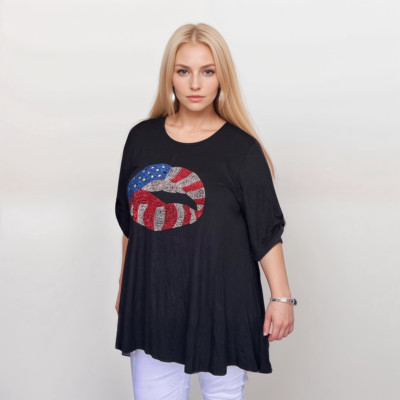 DAMEN OBERTEIL DAMEN BLUSE ÜBERGRÖSSE SCHWARZ KNOPFÄRMEL SWING TOP NIETEN USA LIPPEN