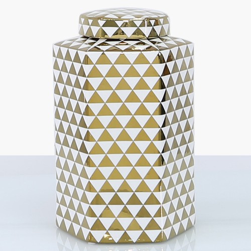 Hexagonal Ginger Jar Ceramic White Gold Storage Oriental Display Vase Lid 30cm - Picture 3 of 5