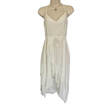 Fiveseventyfive White Polka Dot Silk Blend Spaghetti Strap Dress Ruffle Medium