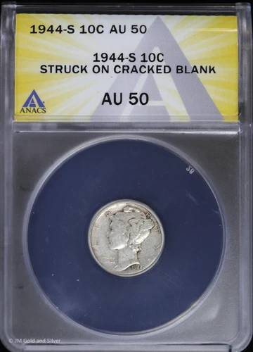 1944 S 10C Mercury Dime ANACS AU 50 | Struck on Cracked Blank