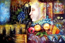 Stretched Quality Hand Painted Oil Painting, Fruits with Young Lady Face 24x36in