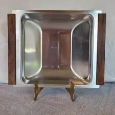 Kalmar Tray Bowl 18/8 Stainless Steel Teak Wood Handles Made in Denmark Vintage