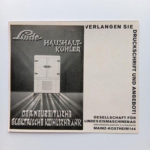 1930 Linde Kühlschrank Eismaschinen Werbeanzeige Werbung Reklame Print Ad