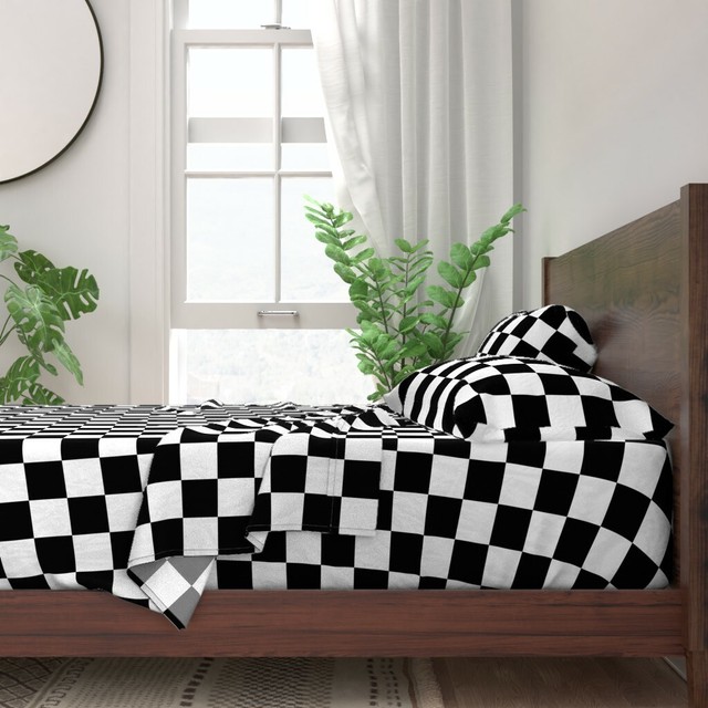 Black And White Checkerboard Geometric 100% Cotton Sateen ...