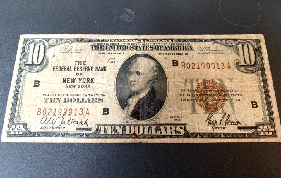 1929 Ten Dollar Bill ,New York .Red Seal .with 5 silver cert 1 dollar bills - Image 2 of 4