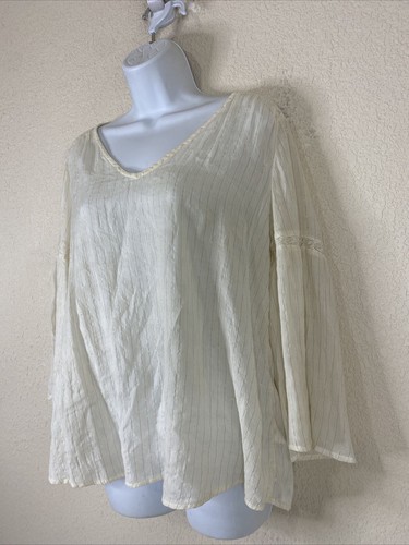 Old Navy Damen Größe M elfenbein/gold gestreift V-Ausschnitt Oberteil 3/4 Arm - Bild 2 von 6