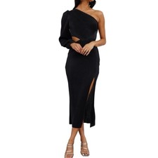 Hello Molly Black One Shoulder Cut Out Midi Dress Size 6 Ribbed Bodycon Slit