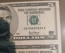 Uncut sheet of 4 2001 $5 Notes, UNC, FRN, Binary Note 