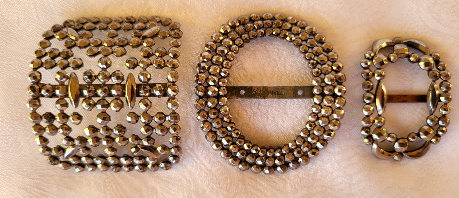 3 Antique Cut Steel Shoe Buckles Different Shapes One Stamped Made In France