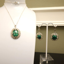 JMH jewelry set malachite sterling silver 925 necklace earring pendant leverback