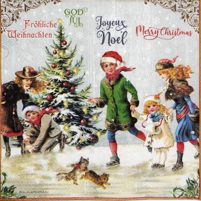 4x Christmas on Ice Green Napkins 33x33cm Vintage Festive Paper for Decoupage