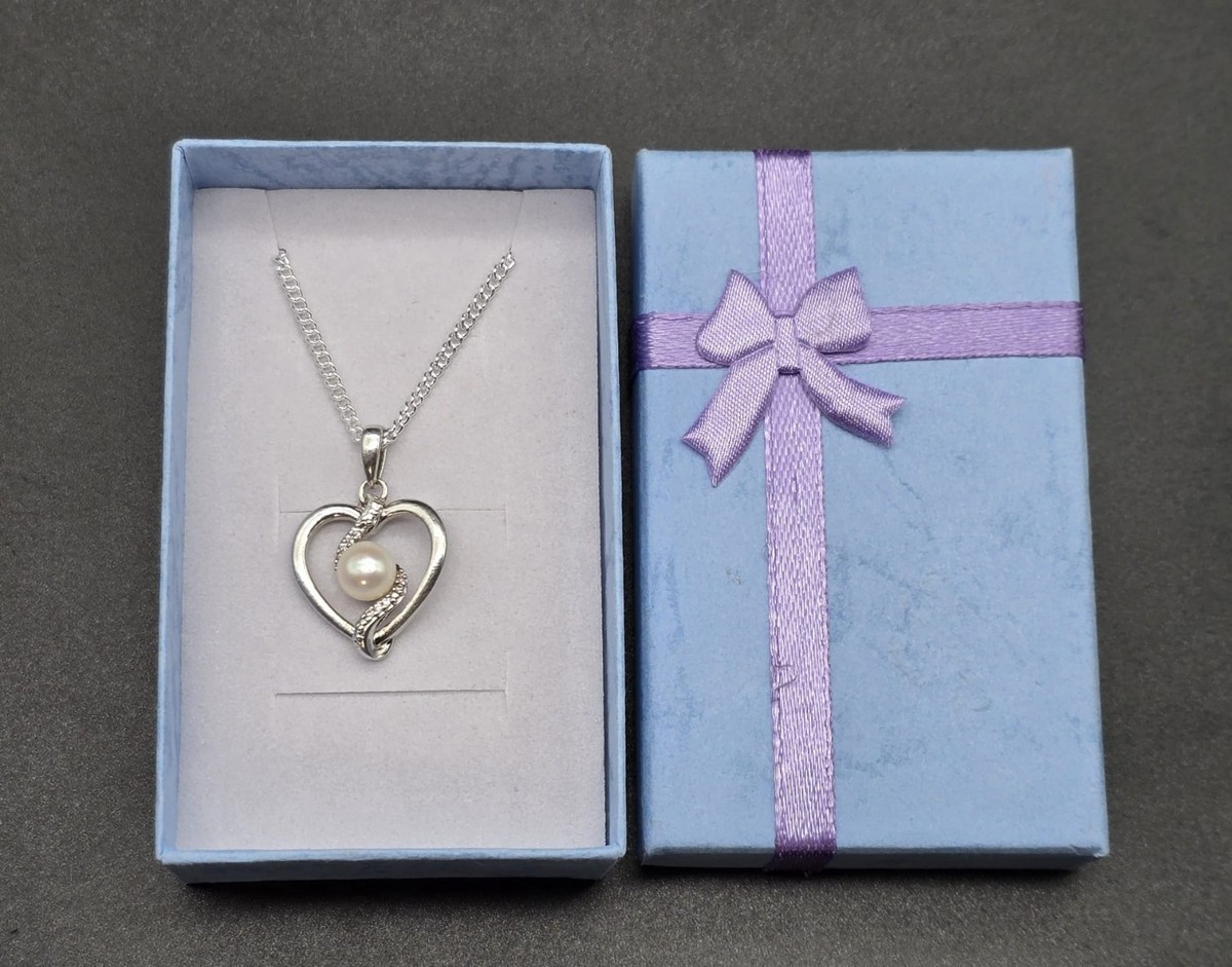 Vintage 925 Silver Heart Necklace with Pearl & CZ + Silver Chain 