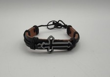 Men s Leather Cross Bracelet Adjustable Black Brown Cord Religious Wristband