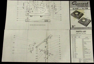Garrard SL95B SL75B Exploded View and Parts List Original Service Repair Manual