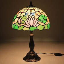 Tiffany Side Table Lamps for Living Room W/LED Bulb Lotus Flower Stained Glas...