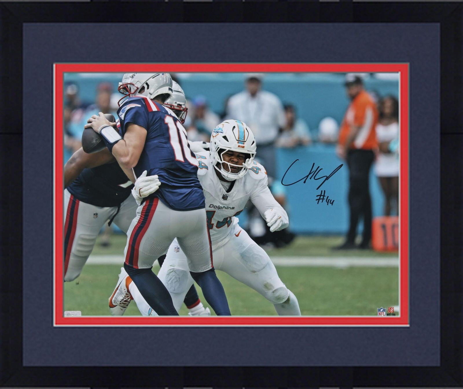 Drake Maye Autographed Signed New England Patriots Framed Chop Robinson Miami Dolphins "16 x 20" Sacking Photo 