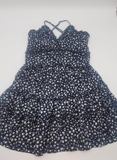 Blue Ditsy Floral Tiered Ruffle Mini Sundress Halter Neck Backless Adj Straps M