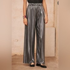 Nuevos Pantalones NKN Nekane Plateados Metálicos Micro Plisados Talla Mediana