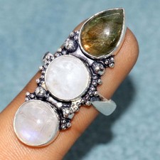 925 Silver Plated Long Rainbow Moonstone Fiery Labradorite Ring US 10.5 GW