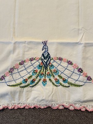 Vintage Single Hand Embroidery Pillowcase Peacock Bird Flowers Crochet Edges