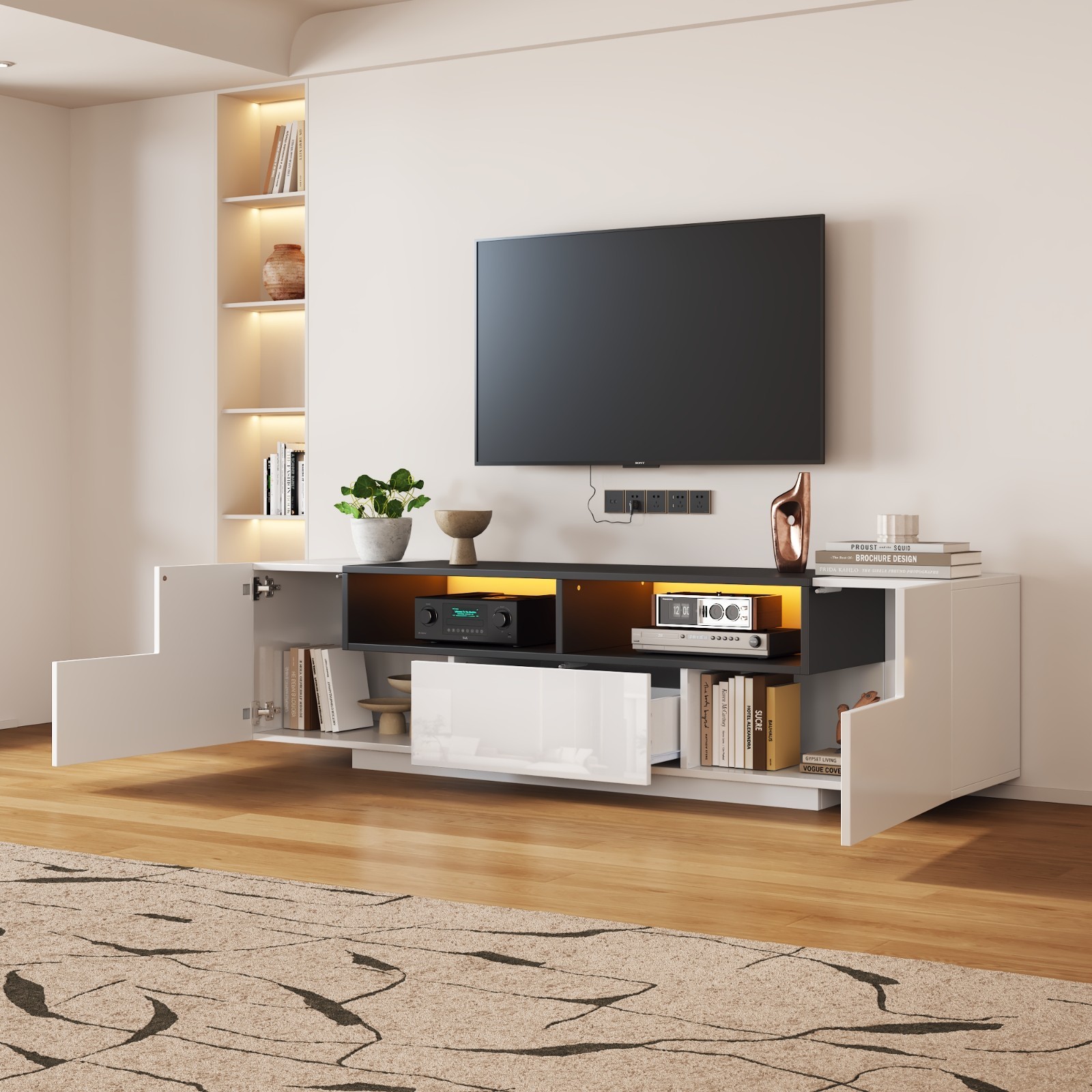 Meuble TV 180x40x48cm blanc brillant pour ranger câbles et consoles