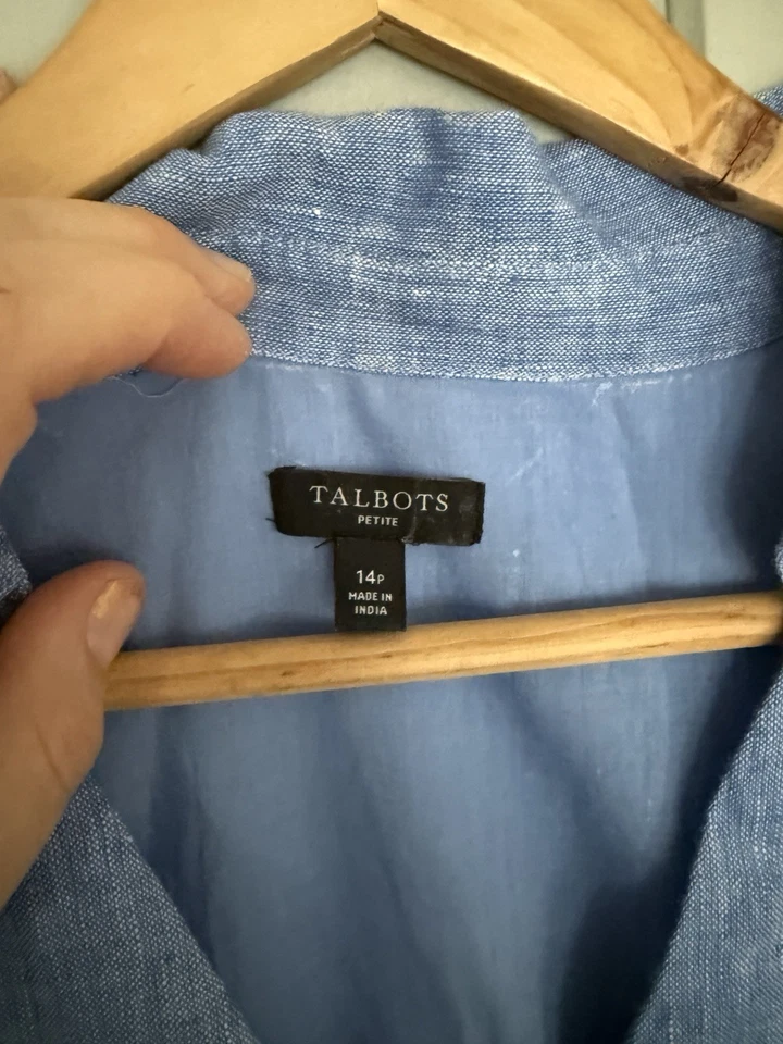 Talbots Shirt Dress 14P Blue Linen Faux Wrap Fit & Flare Pockets Sleeveless - Image 4 of 4
