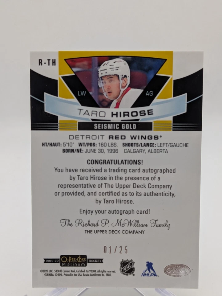 💥 2019-20 O-Pee-Chee Platinum Rookie Auto Seismic Gold #R-TH Taro Hirose #1/25 - Image 2 of 2