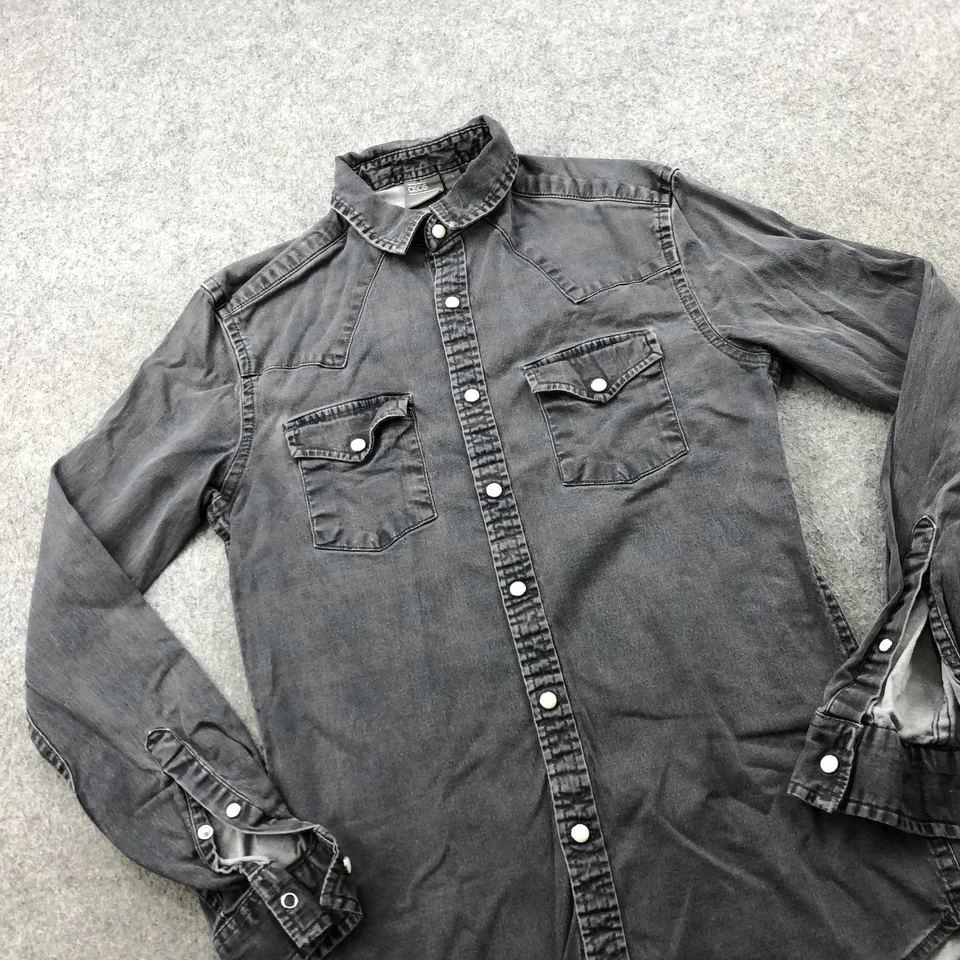 ASOS рубашка мужская маленький черный серый Western джинсовой ткани жемчуг Snap длинным рукавом повседневный - Изображение 3 из 4