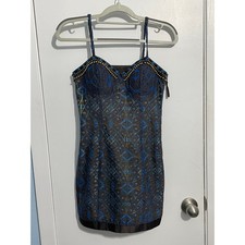 Y2K Forever 21 Dress Small Blue Brown Beaded Embroidered Whimsigoth Office Siren