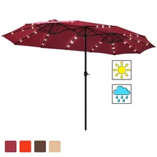 15Ft Patio Double-Sided Solar LED Market Umbrella Crank 36 Lights Burgundy