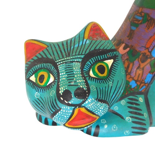 Blue Hand Painted Terracotta Cat Figurine Whimsical Festival Mexico Folk Art 6" - Picture 4 of 10