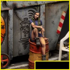 1/35 Urban Female Resin Figure Sitting on Barrel – Post-Apoc Miniature Unpainted